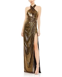 Mac Duggal Metallic Criss Cross Halter Neck Gown