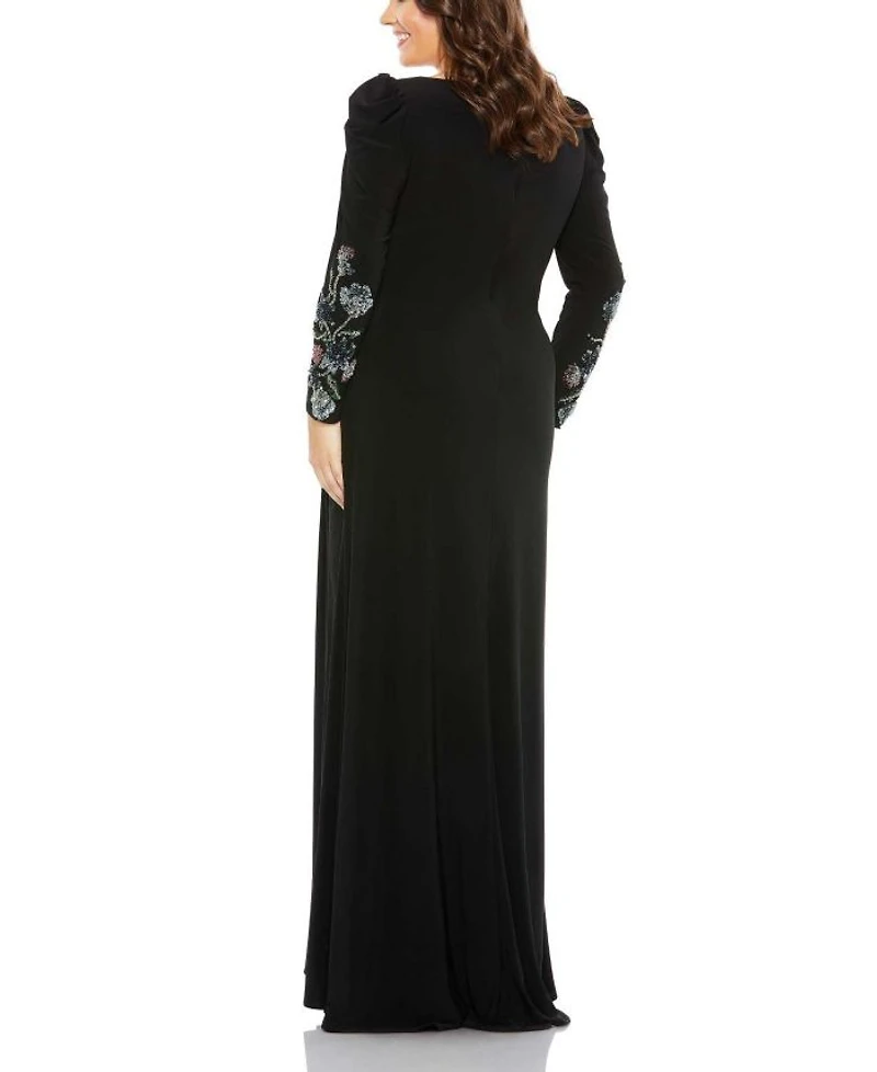 Plus Embellished Long Sleeve Faux Wrap  Gown