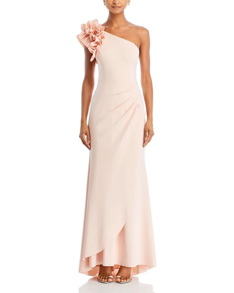 One Shoulder Ruffle Crepe Gown - Exclusive
