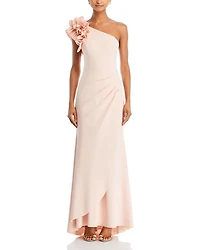 One Shoulder Ruffle Crepe Gown - Exclusive