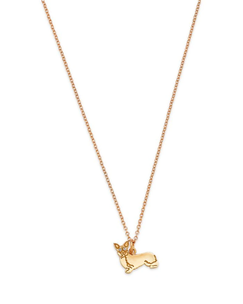 14K Yellow Gold White Sapphire Corgi Pendant Necklace, 16-18"