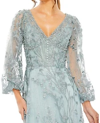 Puff Sleeve A Line Embellished Mesh Dress