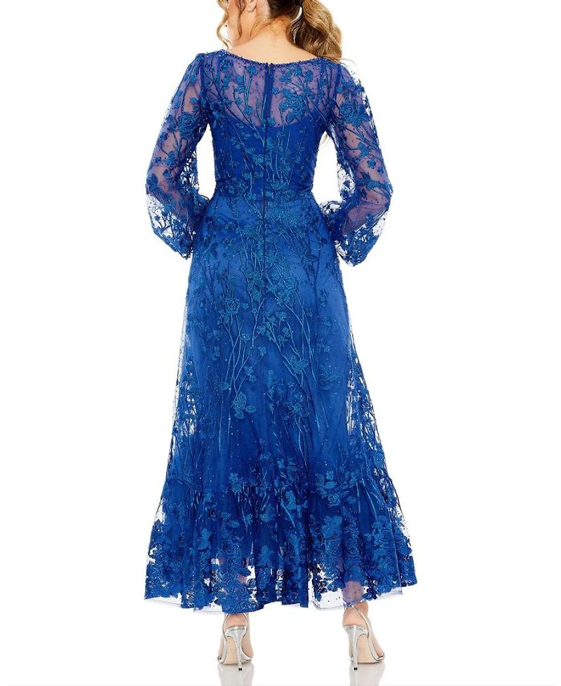 Puff Sleeve A Line Embellished Mesh Dress