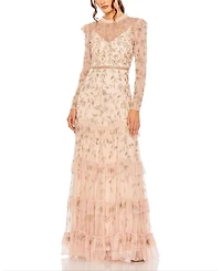 High Neck Flutter Cap Long Sleeve Tiered Embellished Gown