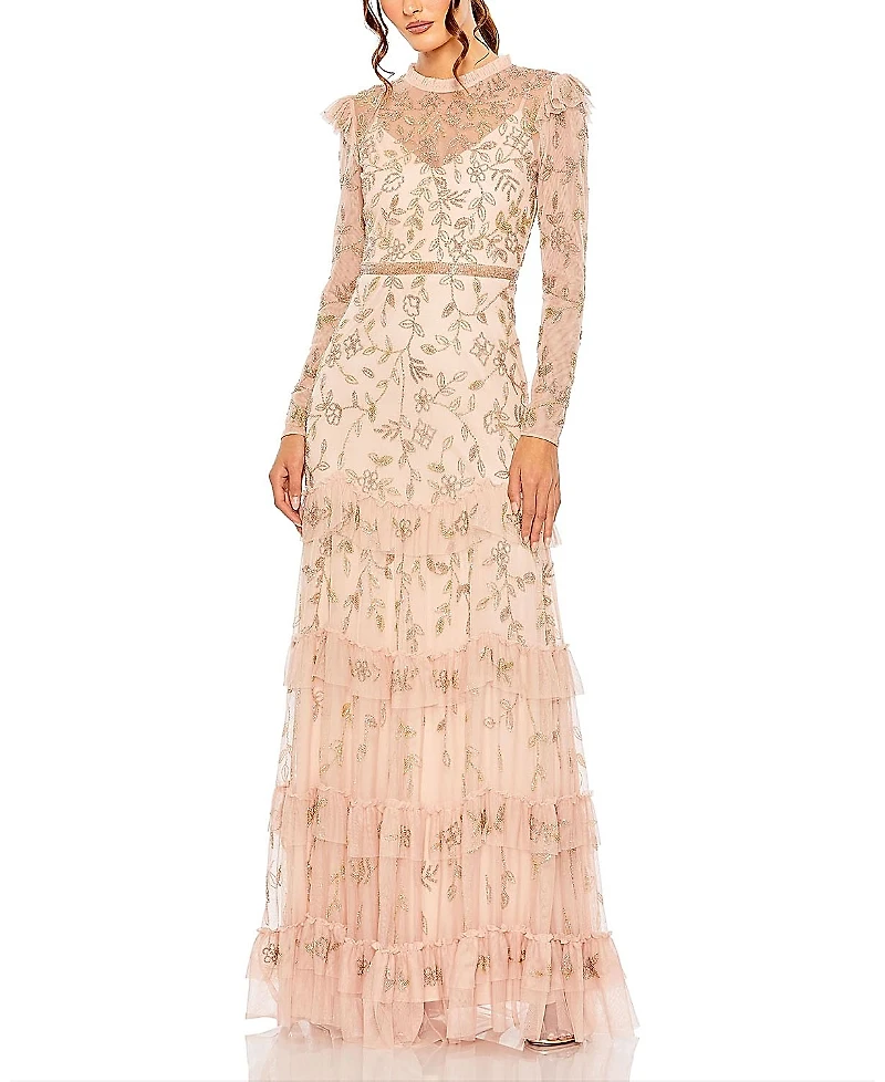 Mac Duggal High Neck Flutter Cap Long Sleeve Tiered Embellished Gown