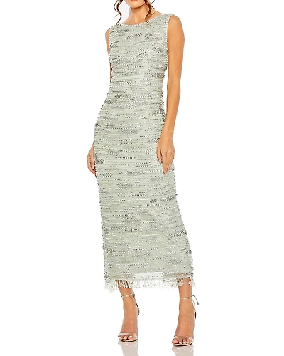 Mac Duggal Sleeveless Crystal Fringe Column Dress