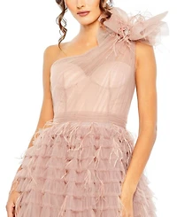 One Shoulder Faux Bow Feather Tiered A Line Gown