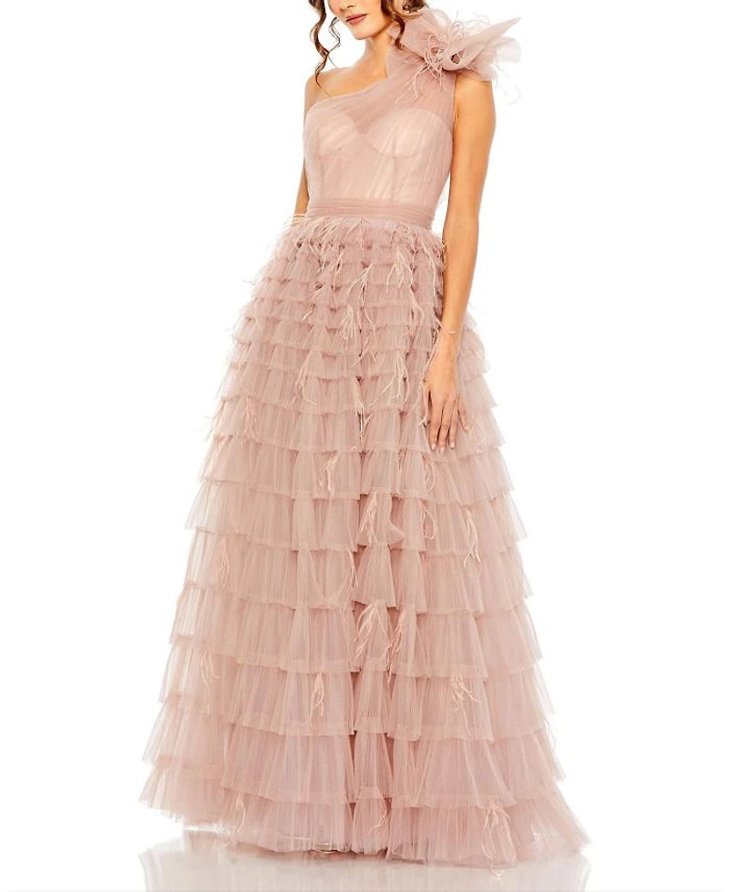 One Shoulder Faux Bow Feather Tiered A Line Gown