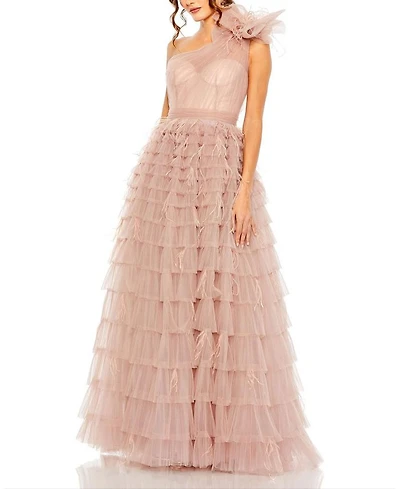 One Shoulder Faux Bow Feather Tiered A Line Gown