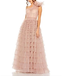 One Shoulder Faux Bow Feather Tiered A Line Gown