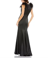 Feather Shoulder V-Neck Column Gown