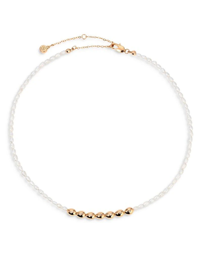 Pavé & Cultured Freshwater Pearl Polished Pebble Beaded Collar Necklace in 18K Gold Plated, 15"-18"