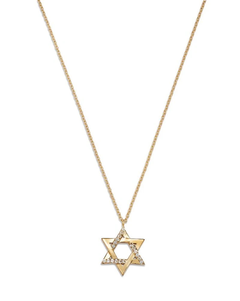 14K Yellow Gold White Topaz Star of David Pendant Necklace, 16-18"