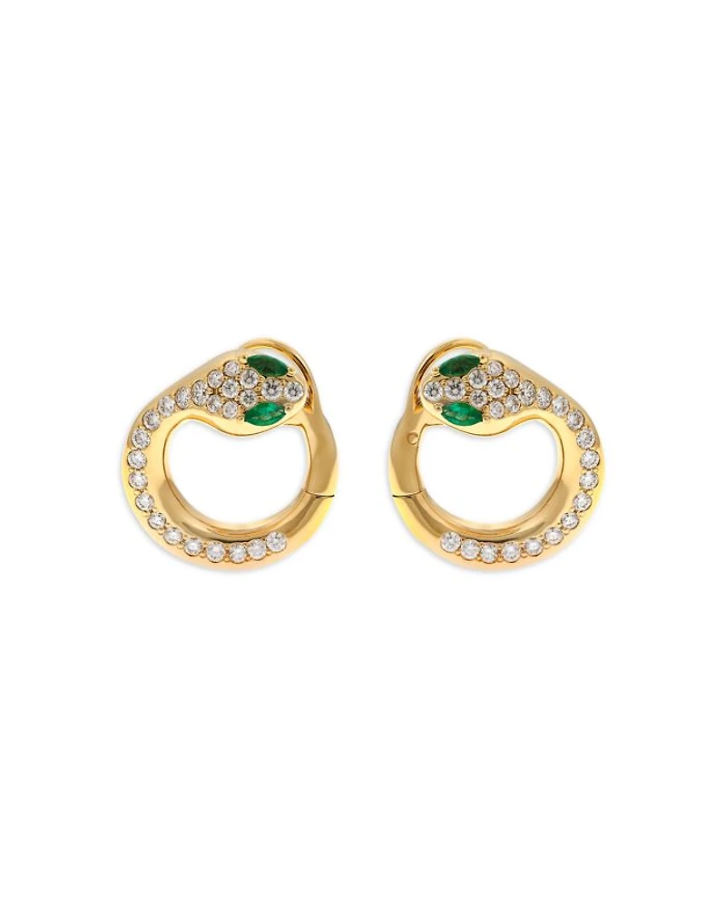 18K Yellow Gold Diamond & Emerald Serpent Hoop Earrings - Exclusive, Italy Campaign