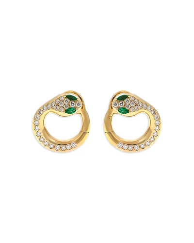 18K Yellow Gold Diamond & Emerald Serpent Hoop Earrings - Exclusive, Italy Campaign