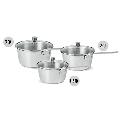 Cristel 1826 Collection 3 Pc Stainless Steel Saucepans with Lids Set