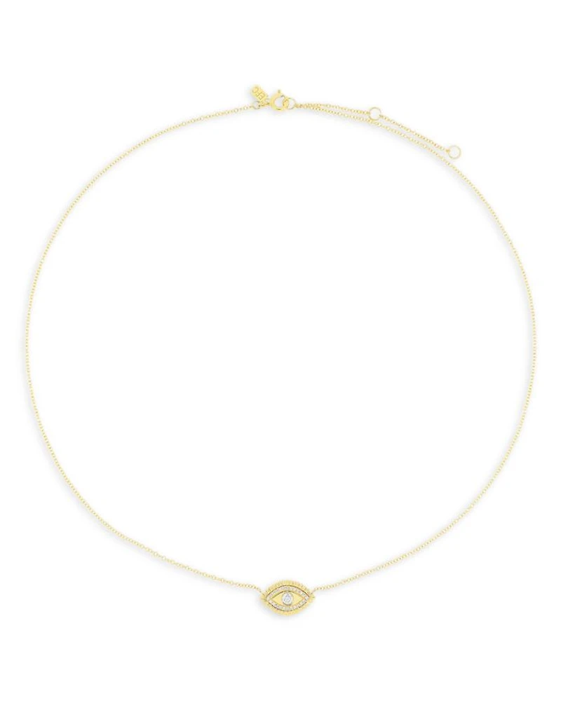 14K Yellow Gold Evil Eye Protection Necklace with Diamonds, 0.16 tcw