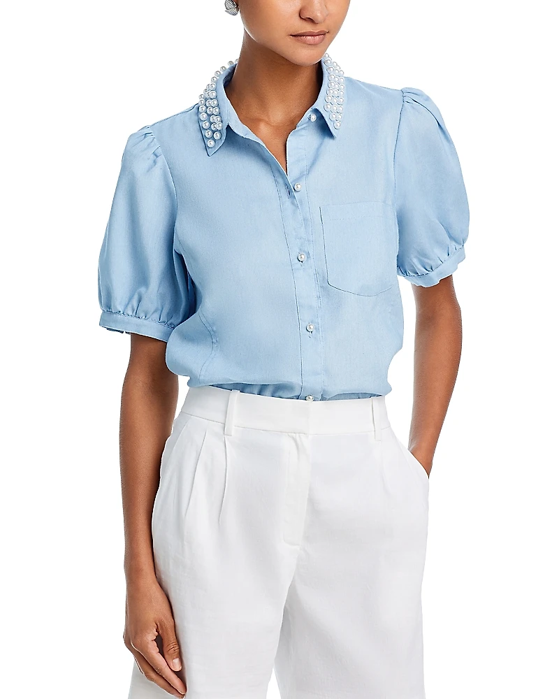 Aqua Faux Pearl Embellished Collar Top - Exclusive
