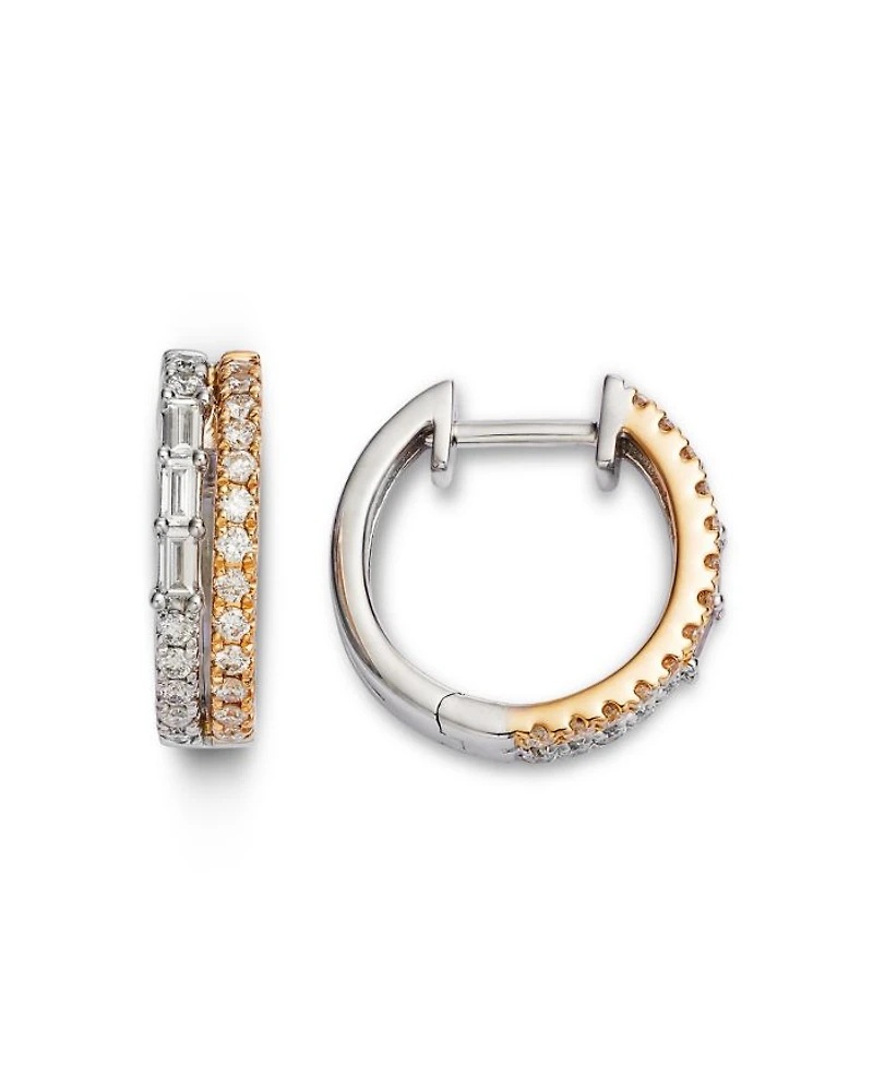 Diamond Round & Baguette Small Double Hoop Earrings in 14K Yellow & White Gold, 0.53 tcw