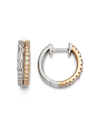 Diamond Round & Baguette Small Double Hoop Earrings in 14K Yellow & White Gold, 0.53 tcw