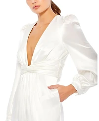Front Twist Puff Sleeve Ruched Waist Detail Deep V Jumpsuit