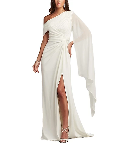 Tadashi Shoji Quill Draped Cape Sleeve Gown