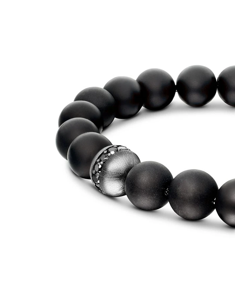 Men's Spiritual Beads Bracelet Sterling Silver with Black Onyx & Pavé Diamond Accent, 8mm