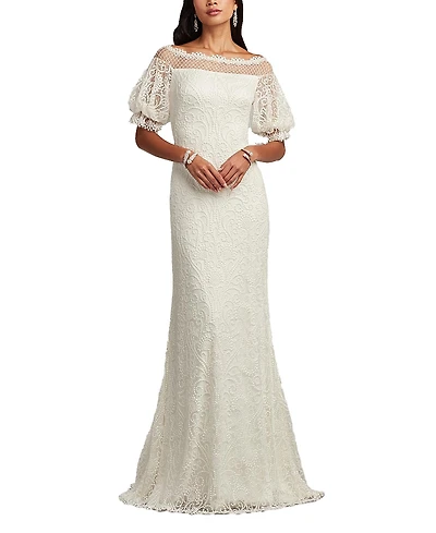 Tadashi Shoji Whelan Embroidered Puff-Sleeve Gown