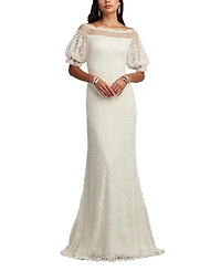 Tadashi Shoji Whelan Embroidered Puff-Sleeve Gown