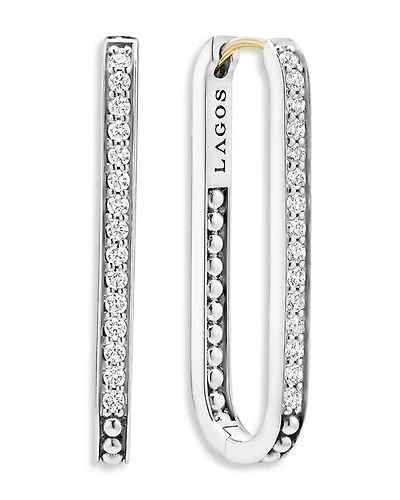 14K Yellow Gold & Sterling Silver Caviar Spark Diamond Medium Oval Hoop Earrings
