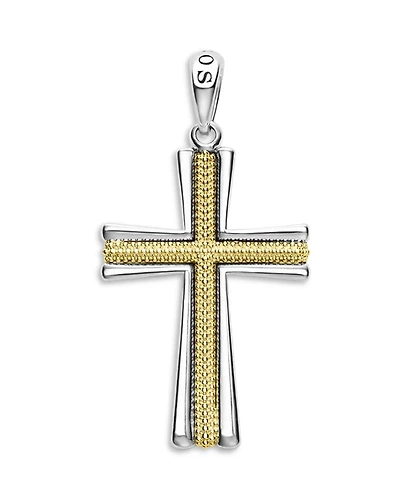 Men's 18K Yellow Gold & Sterling Silver Anthem Caviar Beaded Cross Amulet Pendant