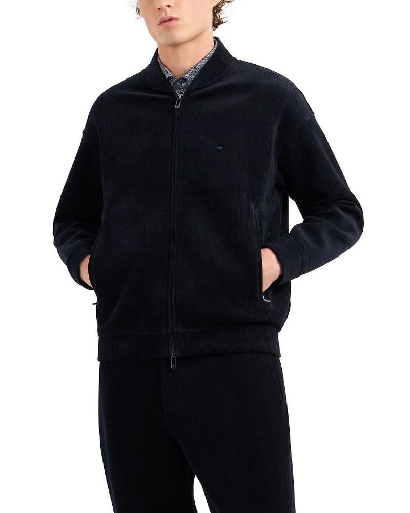 Cotton Blend Velour Ribbed Regular Fit Bomber Jacket