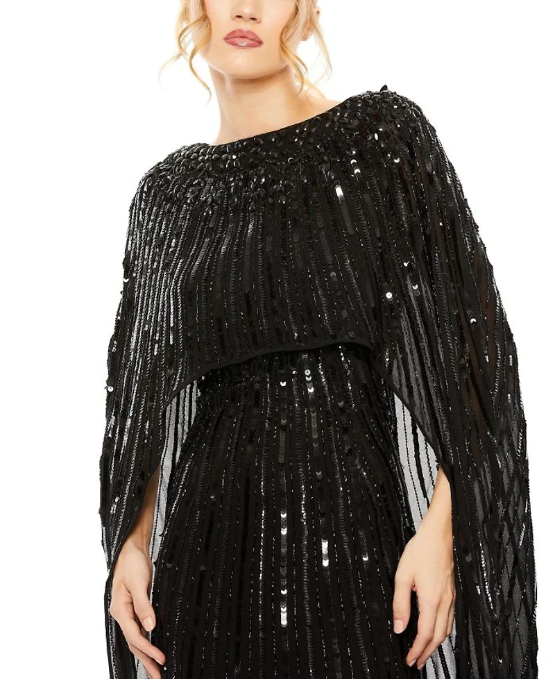 Embellished Column Cape Gown