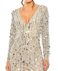 Long Sleeves Beaded Fringe Paillette Detail Plunge Neck Dress