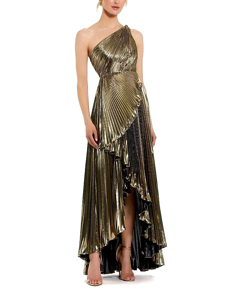 Mac Duggal Metallic Pleated Ruffle Hem One Shoulder High Low Gown