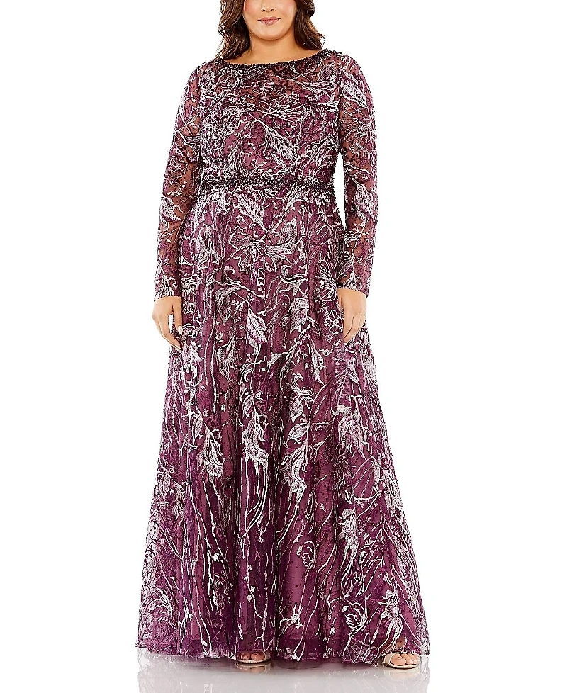 Mac Duggal Plus Long Sleeve High Neck Embroidered & Beaded Detail Gown