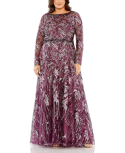 Mac Duggal Plus Long Sleeve High Neck Embroidered & Beaded Detail Gown