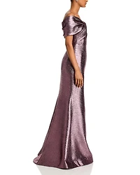 Metallic Jacquard Twist Bodice Off-the-Shoulder Gown