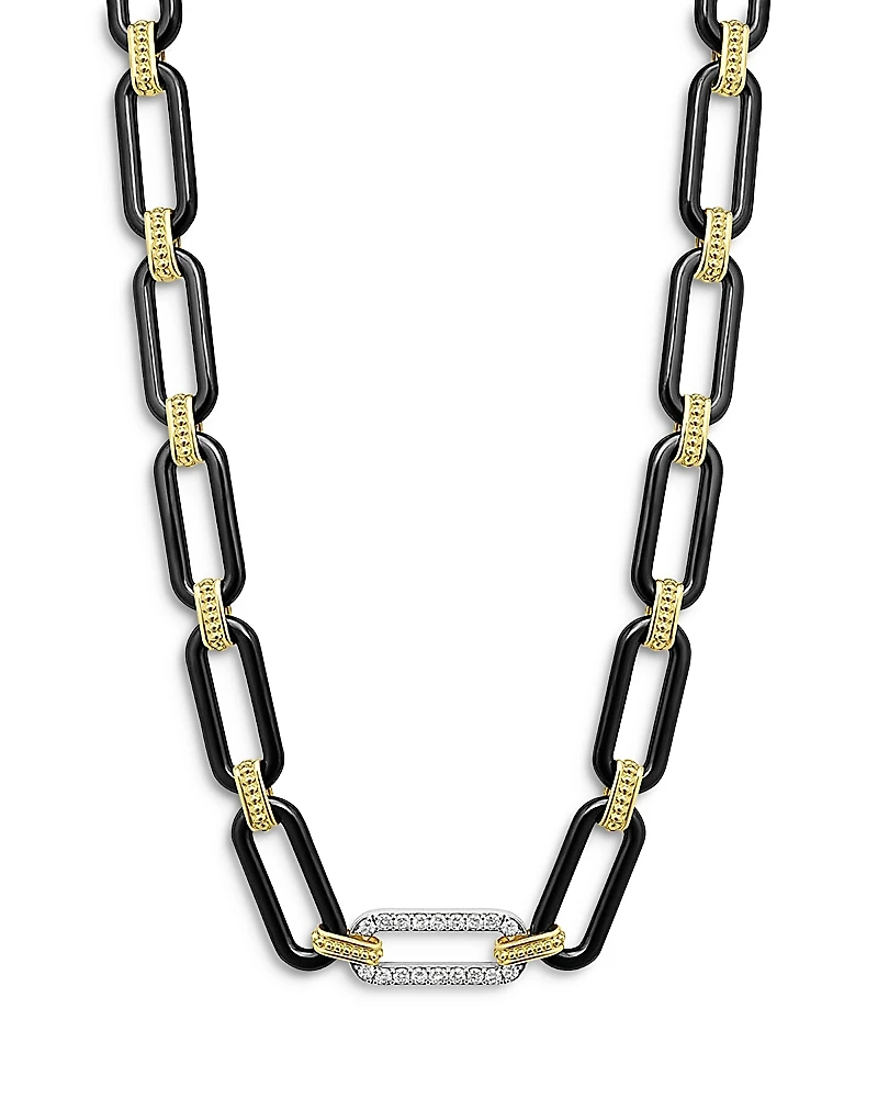 Lagos 18K Yellow & White Gold Signature Caviar Diamond & Black Ceramic Station Link Necklace