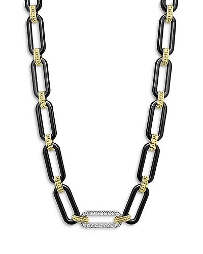 Lagos 18K Yellow & White Gold Signature Caviar Diamond & Black Ceramic Station Link Necklace
