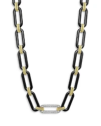 Lagos 18K Yellow & White Gold Signature Caviar Diamond & Black Ceramic Station Link Necklace