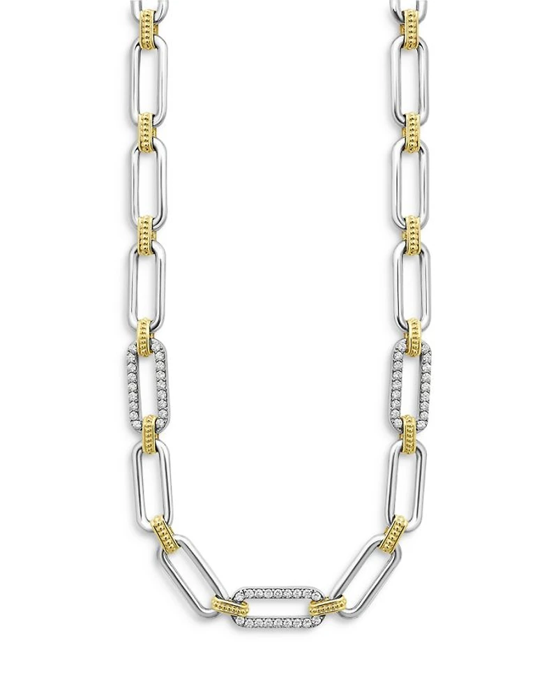 18K Yellow Gold & Sterling Silver Signature Caviar Diamond Trio Station Link Collar Necklace, 18"
