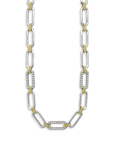 Lagos 18K Yellow Gold & Sterling Silver Signature Caviar Diamond Trio Station Link Collar Necklace, 18