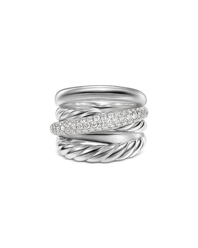 Crossover Five Row Ring Sterling Silver with Diamonds, 17.5mm