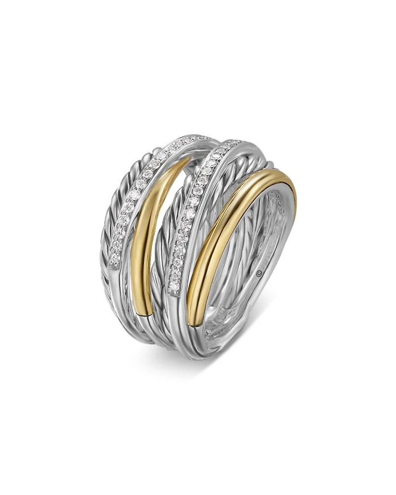 Crossover Seven Row Ring Sterling Silver with 18K Yellow Gold & Diamonds, 16mm