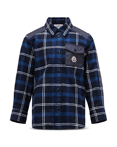 Moncler Boys' Cotton & Nylon Mixed Media Plaid Button Down Shirt - Big Kid