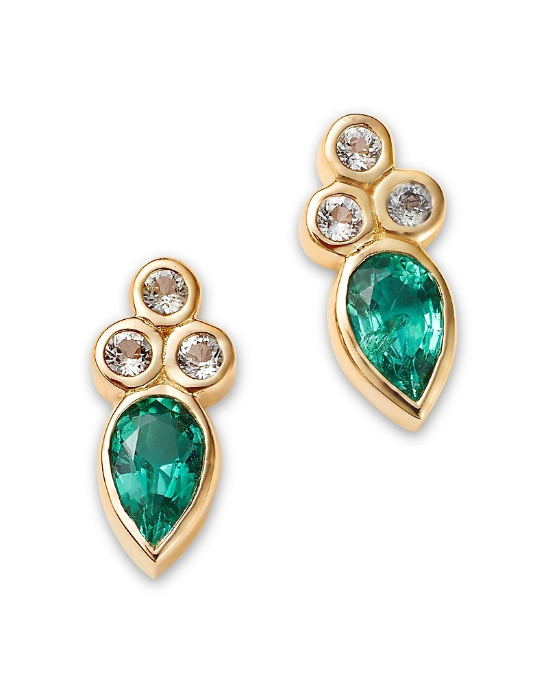 Moon & Meadow 14K Yellow Gold Emerald & White Topaz Bezel Stud Earrings - Exclusive