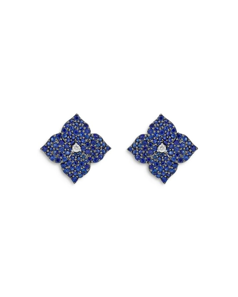 18K White Gold Small Fiore Earrings with Blue Sapphires and Diamonds