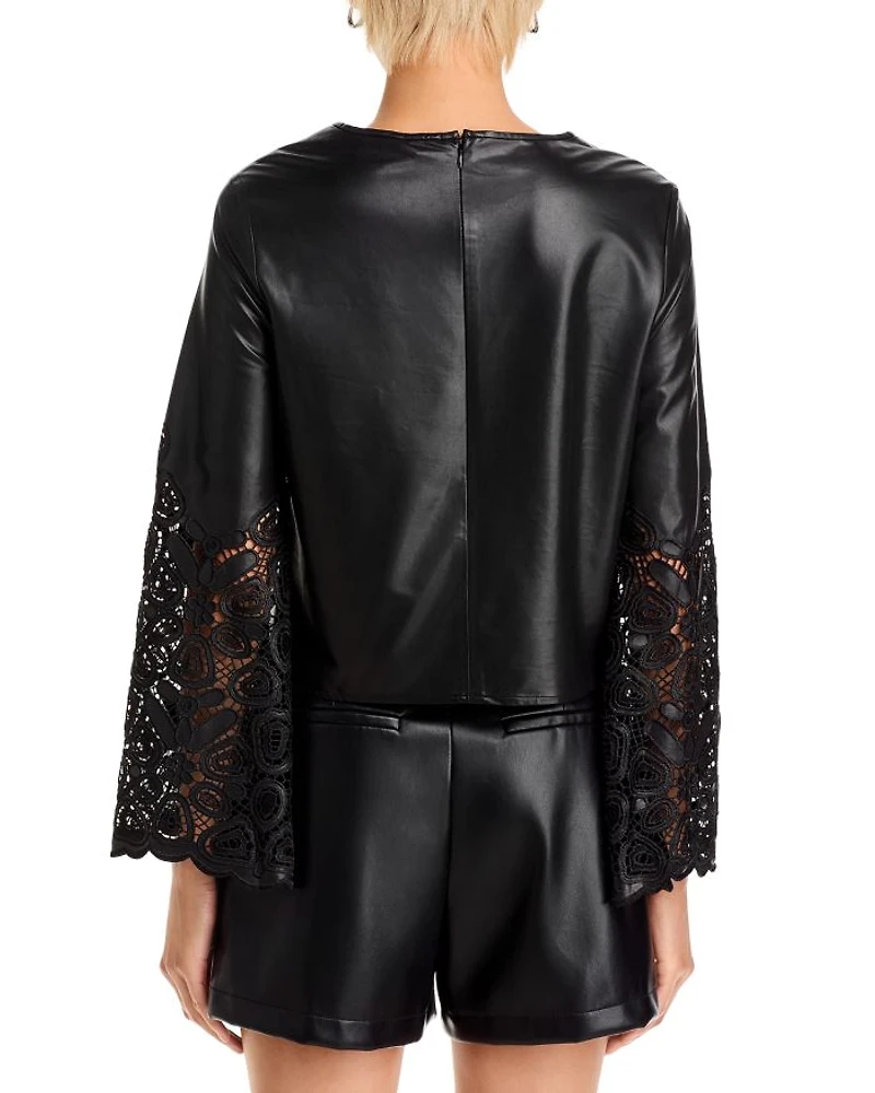 Lara Faux Leather Embroidered Long Sleeve Top