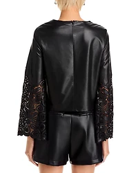Lara Faux Leather Embroidered Long Sleeve Top